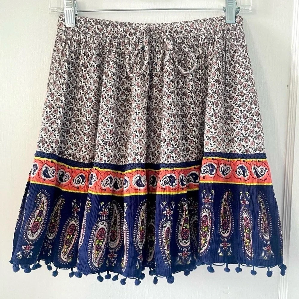 Alya Boho Paisley Skirt Small Elastic Waist Pom Pom Hem Lined - Picture 1 of 8